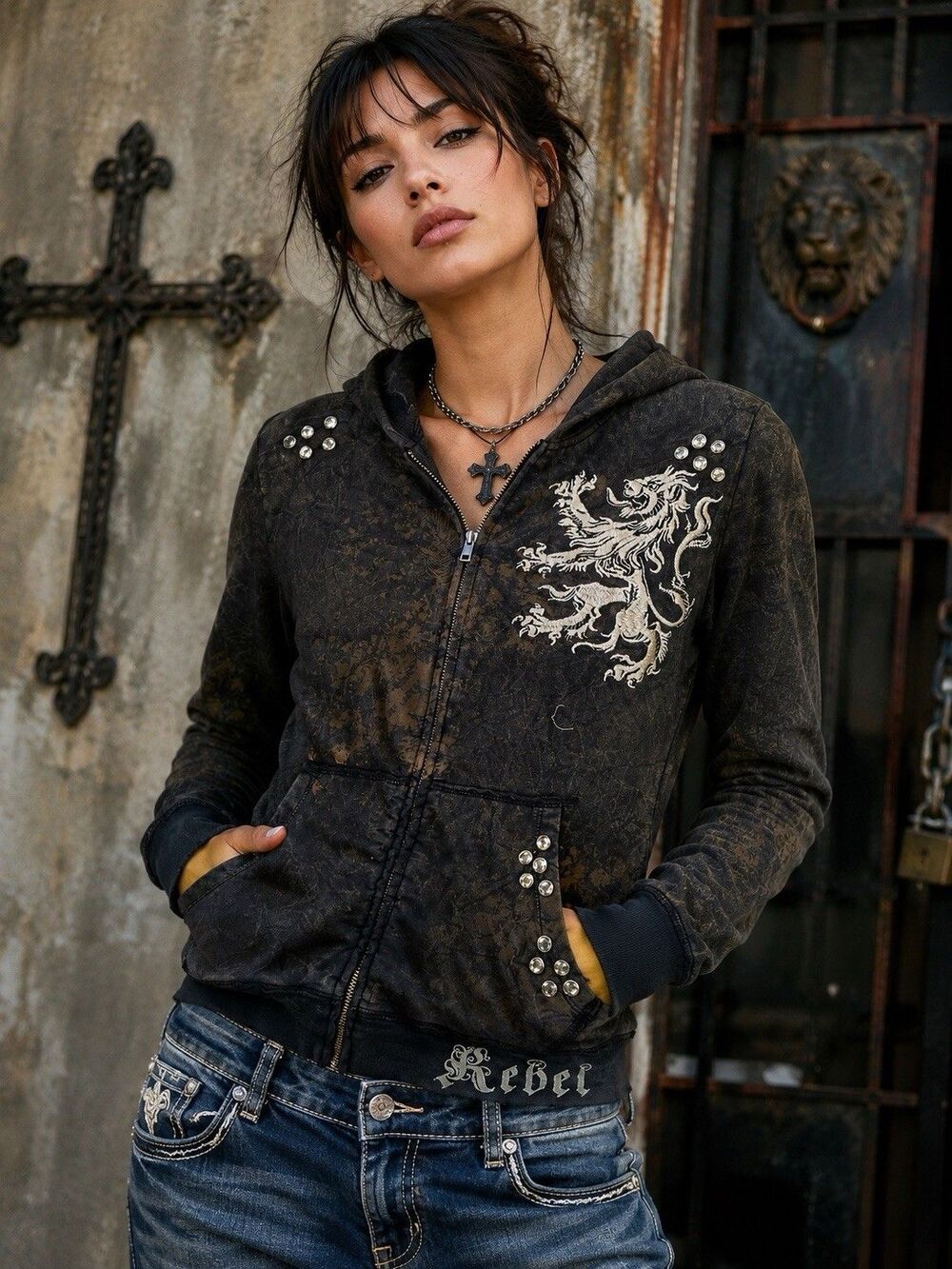 Rebel Spirit Black Full Zip Hoodie Embroidered Rhinestone Lion/Eagle Size S